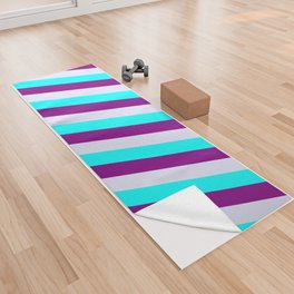 [ Thumbnail: Aqua, Purple, and Lavender Colored Lined Pattern Yoga Towel ]