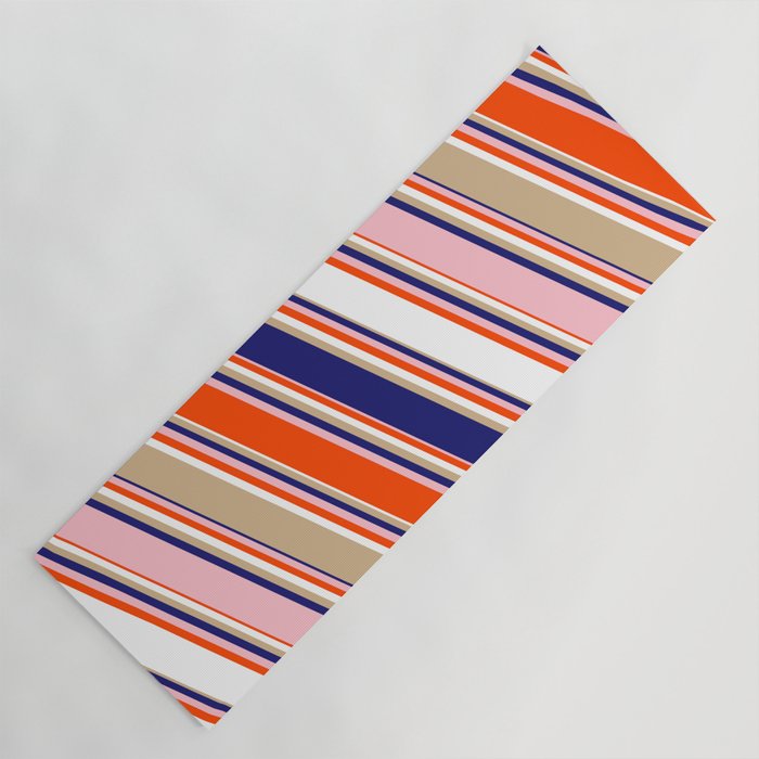 Colorful Red, White, Tan, Midnight Blue, and Pink Colored Lines/Stripes Pattern Yoga Mat