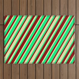 [ Thumbnail: Green, Dark Red & Pale Goldenrod Colored Stripes Pattern Outdoor Rug ]