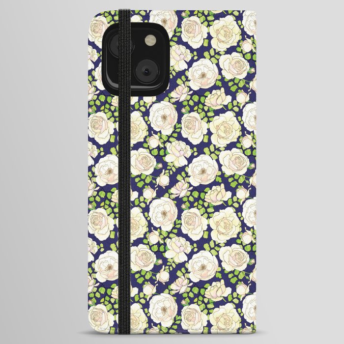 English Roses and Maidenhair Ferns Dark Blue Pattern iPhone Wallet Case