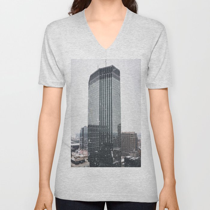 Snowy Skyscraper | Minneapolis Winter Photography V Neck T Shirt