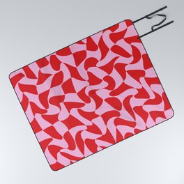 Wavy Warped Red & Pink Checkerboard Picnic Blanket