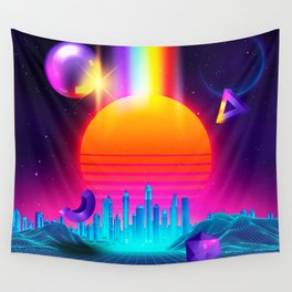 Neon sunset, city and sphere Wall Tapestry