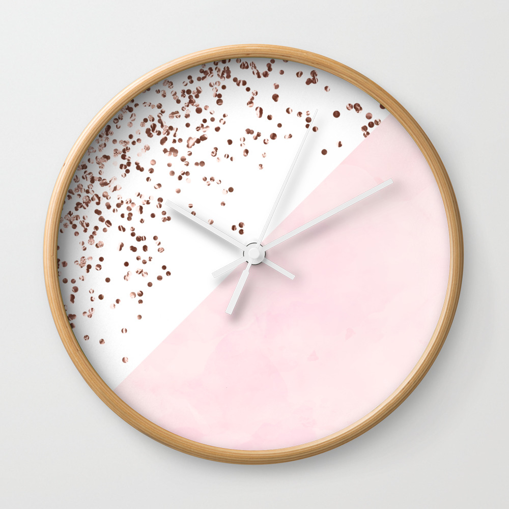 Modern Pink Watercolor Color Block Rose Gold Confetti Wall Clock By Girlytrend Society6
