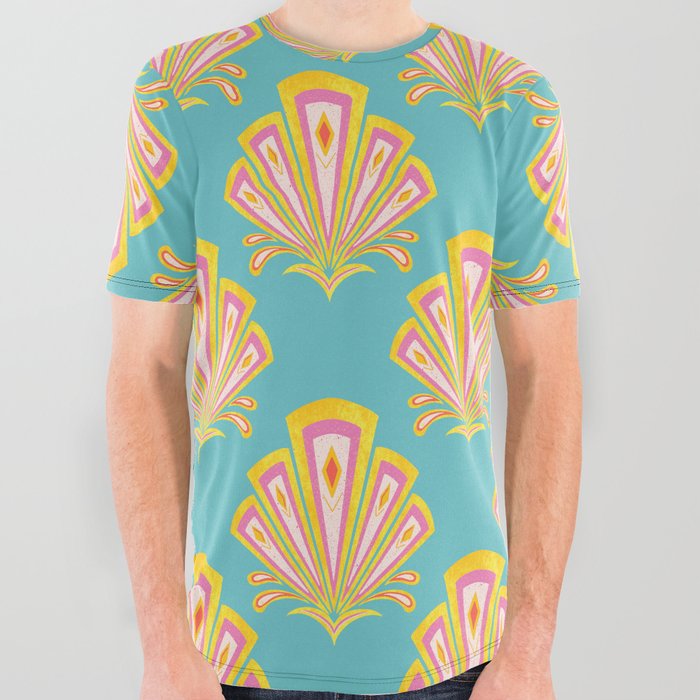 Yellow and turquoise Art Deco motif All Over Graphic Tee