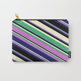 [ Thumbnail: Sea Green, Orchid, Midnight Blue, Black, and Light Yellow Colored Lines/Stripes Pattern Carry-All Pouch ]