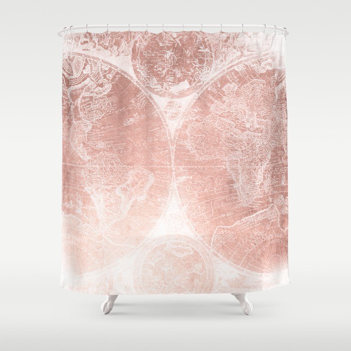 Antique World Map White Rose Gold Shower Curtain