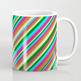 [ Thumbnail: Eye-catching Tan, Green, Cyan, Deep Pink, and Chocolate Colored Pattern of Stripes Coffee Mug ]