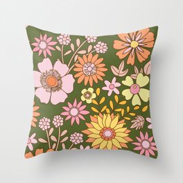 Spring Florals Ava -Green Pink Yellow Orange Flower Pattern Throw Pillow