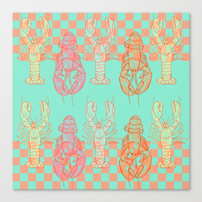 Teal Groovy Lobster Pattern Canvas Print