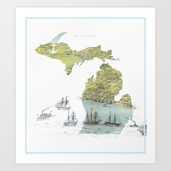 Ships Along the Shore - Michigan circa 1868 Art Print