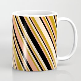 [ Thumbnail: Bisque, Dark Goldenrod, Light Salmon & Black Colored Stripes/Lines Pattern Coffee Mug ]