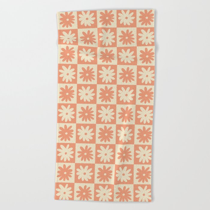 Peach And Off White Checkered Floral Pattern Beach Towel