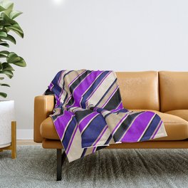 [ Thumbnail: Eye-catching Tan, Dark Violet, Beige, Black, and Midnight Blue Colored Lined/Striped Pattern Throw Blanket ]