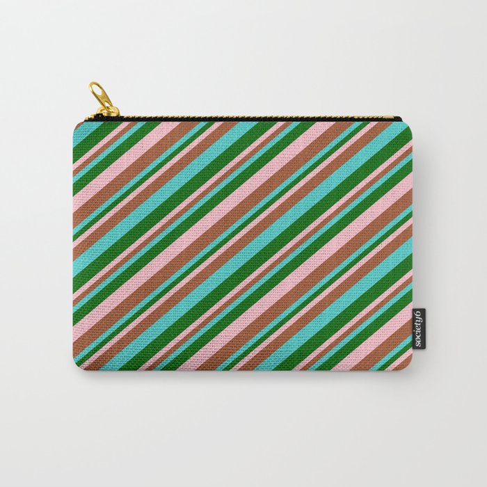 Turquoise, Dark Green, Pink, and Sienna Colored Lines Pattern Carry-All Pouch
