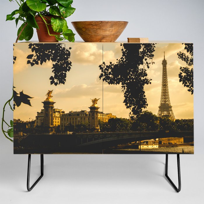 Looking over the Sine River at sunset, towards the Eiffel Tower in Paris, France Credenza