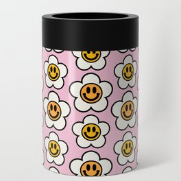 Bold And Funky Flower Smileys Pattern (Pink BG) Can Cooler