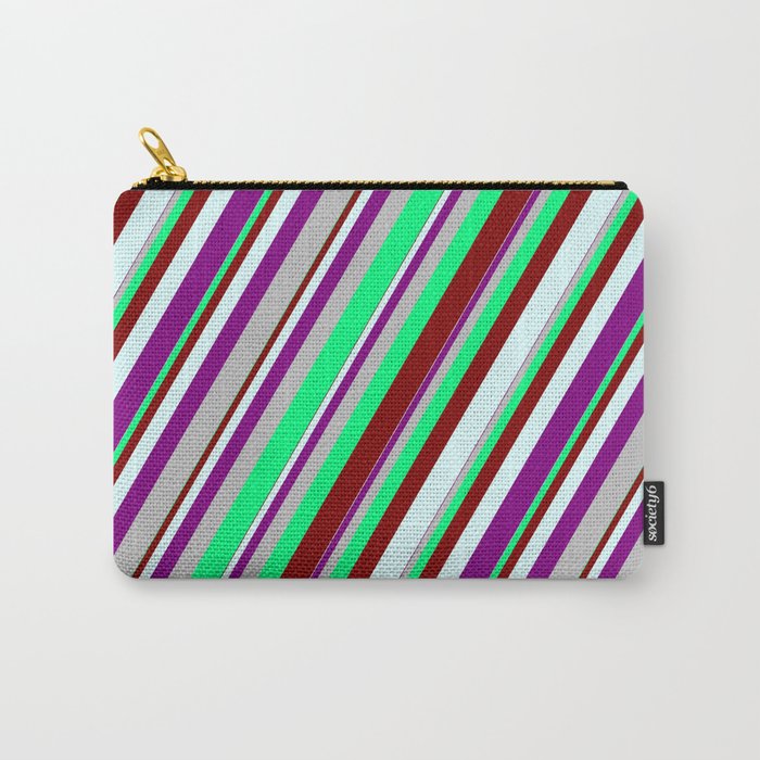 Vibrant Green, Maroon, Light Cyan, Purple, and Grey Colored Lines Pattern Carry-All Pouch
