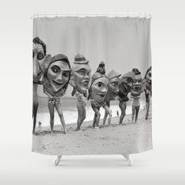Women Wearing Bizzaro Macabre Carnival Masks at Venice Beach black and white photograph Shower Curtain