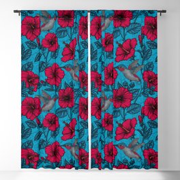 Red hibiscus and hummingbirds, tropical garden on light blue Blackout Curtain