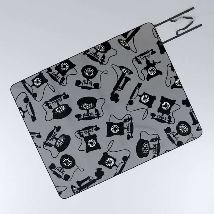 Black Vintage Rotary Dial Telephone Pattern on Silver Grey Picnic Blanket