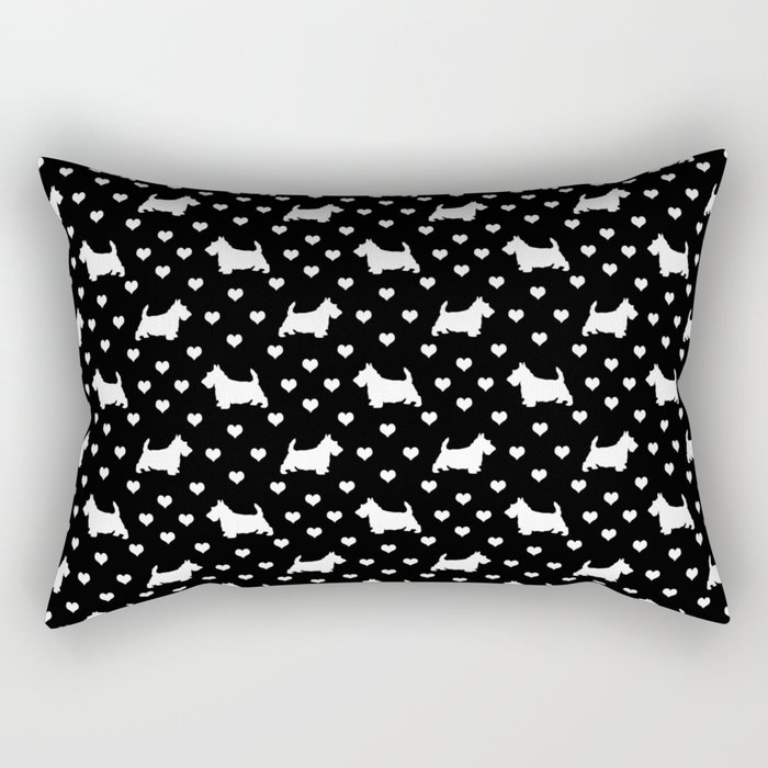 Cute White Scottish Terriers (Scottie Dogs) & Hearts on Black Background Rectangular Pillow