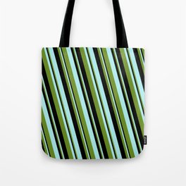 [ Thumbnail: Green, Black & Turquoise Colored Lines Pattern Tote Bag ]
