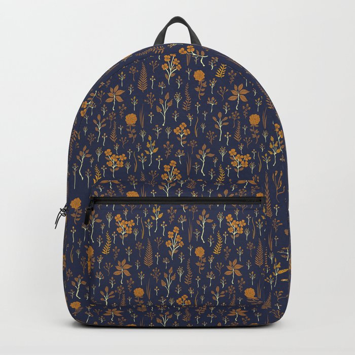 Navy Blue & Mustard Yellow Floral Pattern Backpack
