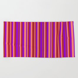 [ Thumbnail: Dark Violet, Salmon & Red Colored Stripes/Lines Pattern Beach Towel ]