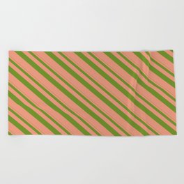 [ Thumbnail: Green & Dark Salmon Colored Lines/Stripes Pattern Beach Towel ]