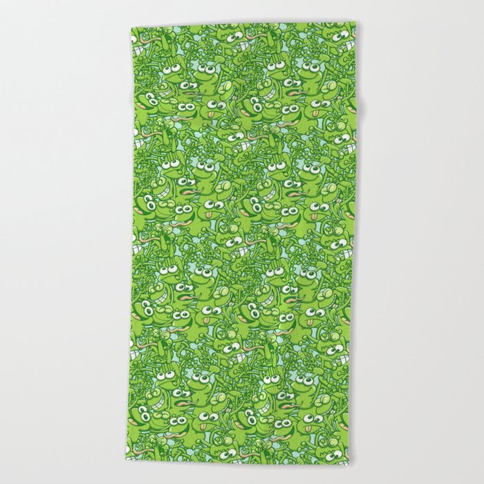 Funny green frogs entangled in a messy pattern Beach Towel