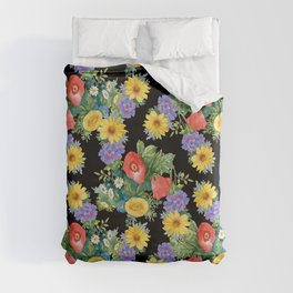 Summertime garden flowers watercolor seamless pattern on black background. Beautiful hand drawn texture. Romantic background Duvet Cover