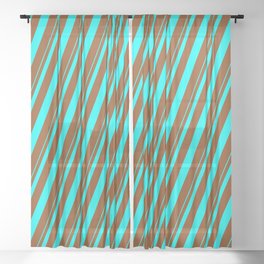 [ Thumbnail: Aqua and Brown Colored Lined/Striped Pattern Sheer Curtain ]