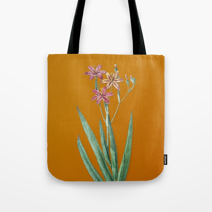 Vintage Blackberry Lily Botanical Illustration on Bright Orange Tote Bag
