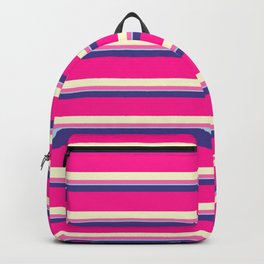 [ Thumbnail: Colorful Dark Slate Blue, Deep Pink, Light Yellow, Hot Pink & Light Blue Colored Lined Pattern Backpack ]