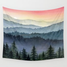 Watercolor foggy mountains #18 Wall Tapestry