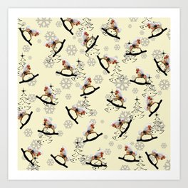 Merry Christmas Rocking Horse Trees pattern Art Print