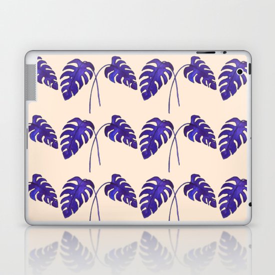 Indigo Monstera Leaf Watercolor on Blush Laptop & iPad Skin