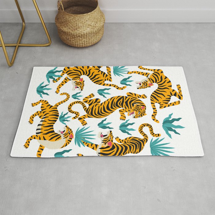 Cute tiger dance in the tropical forest hand drawn illustration Rug