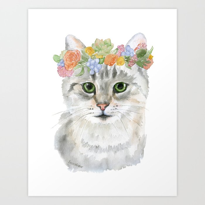 Gray Tabby Cat Floral Wreath Watercolor Art Print