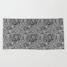 Black and White Paisley Pattern on Grey Background Beach Towel