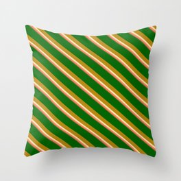 [ Thumbnail: Eyecatching Dark Green, Dark Goldenrod, Beige, Coral & Dark Olive Green Colored Lined Pattern Throw Pillow ]