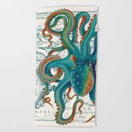 Teal Octopus Vintage Map Watercolor Beach Towel