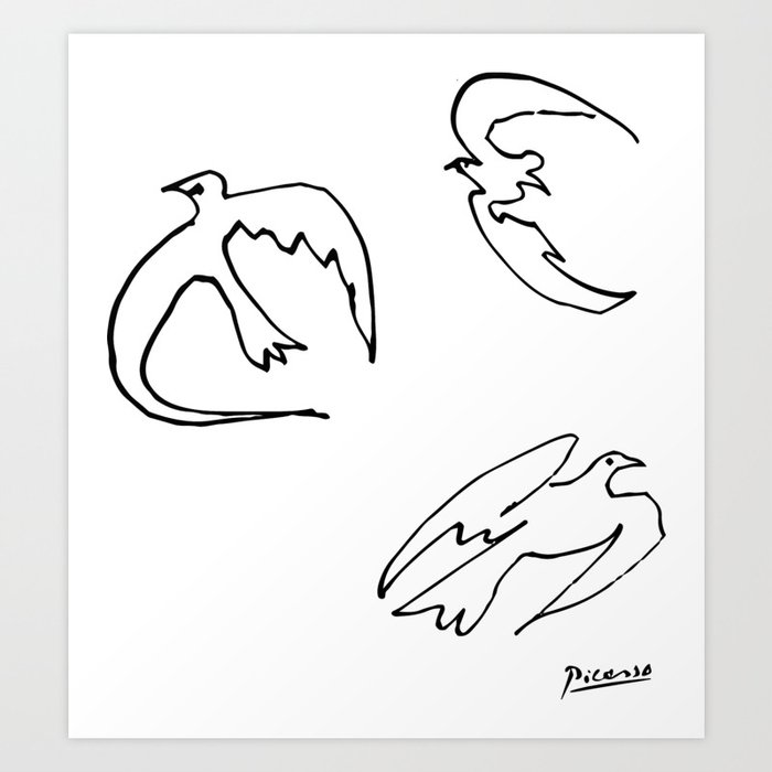 Picasso - Doves Of Peace Line Drawing, Animals Sketch Artwork Art Print