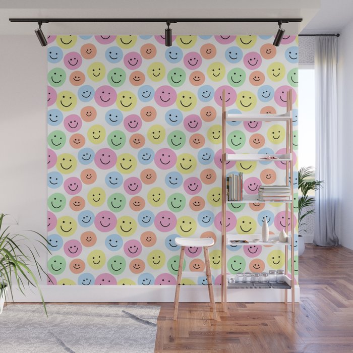 Happy Face Party (pastel rainbow) Wall Mural