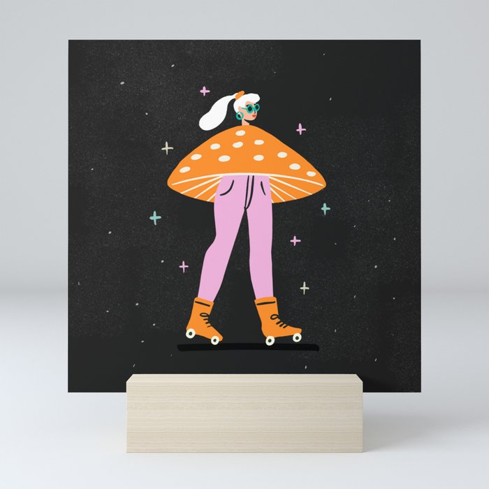 Mushroom Roller girl in Space Mini Art Print