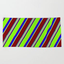 [ Thumbnail: Chartreuse, Dark Gray, Maroon & Blue Colored Lines/Stripes Pattern Beach Towel ]