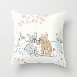 French Bulldogs Romantic Picnic Illustration Throw Pillow