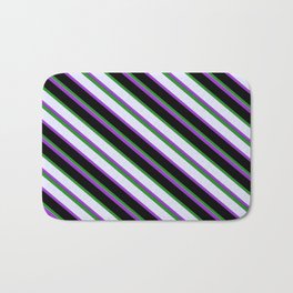 [ Thumbnail: Forest Green, Lavender, Dark Orchid, and Black Colored Striped Pattern Bath Mat ]