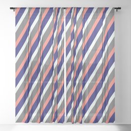 [ Thumbnail: Midnight Blue, Mint Cream, Dim Grey, and Salmon Colored Lined/Striped Pattern Sheer Curtain ]